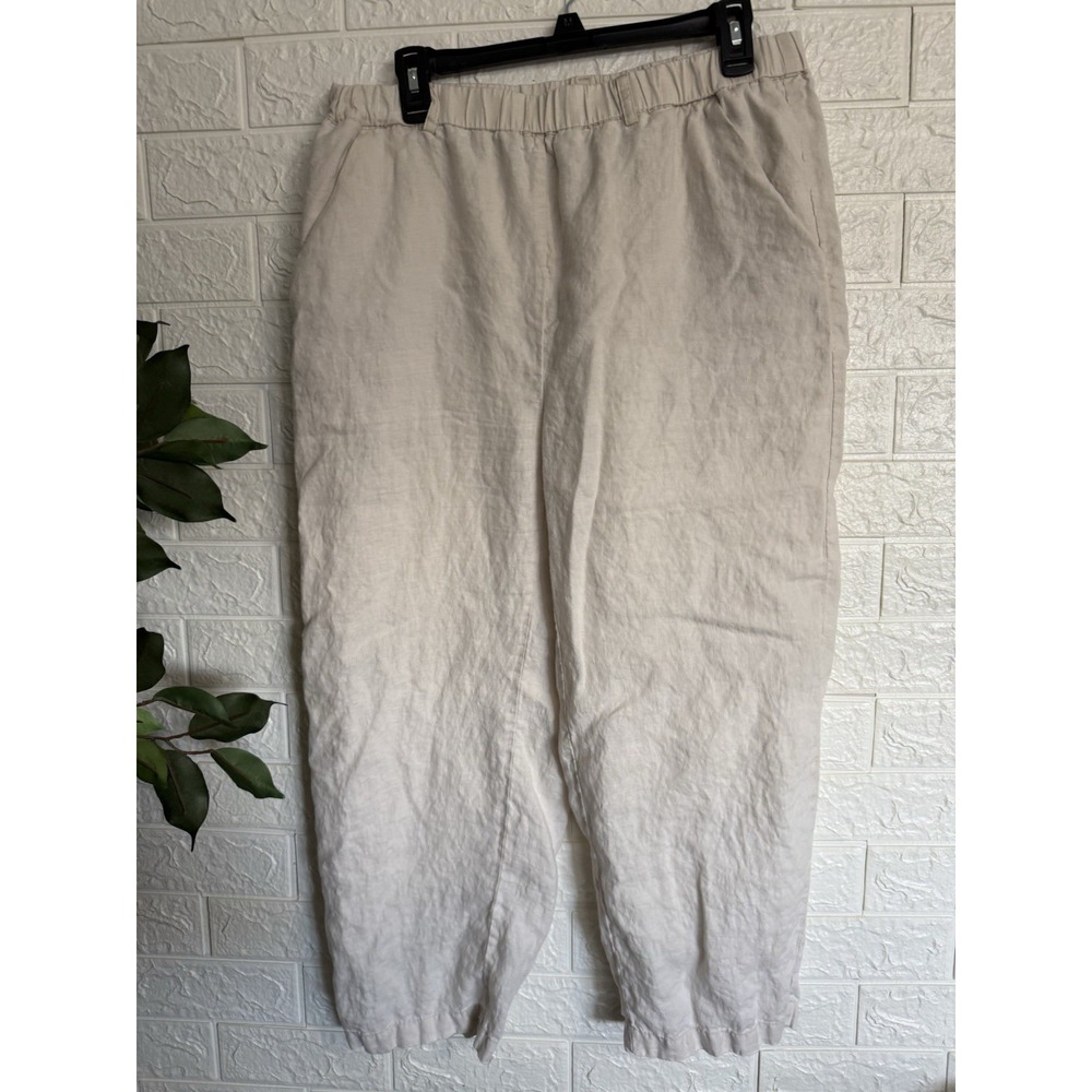 Quince Linen Pull On Pants Cream Barrel Leg Women Size L Pockets High Rise